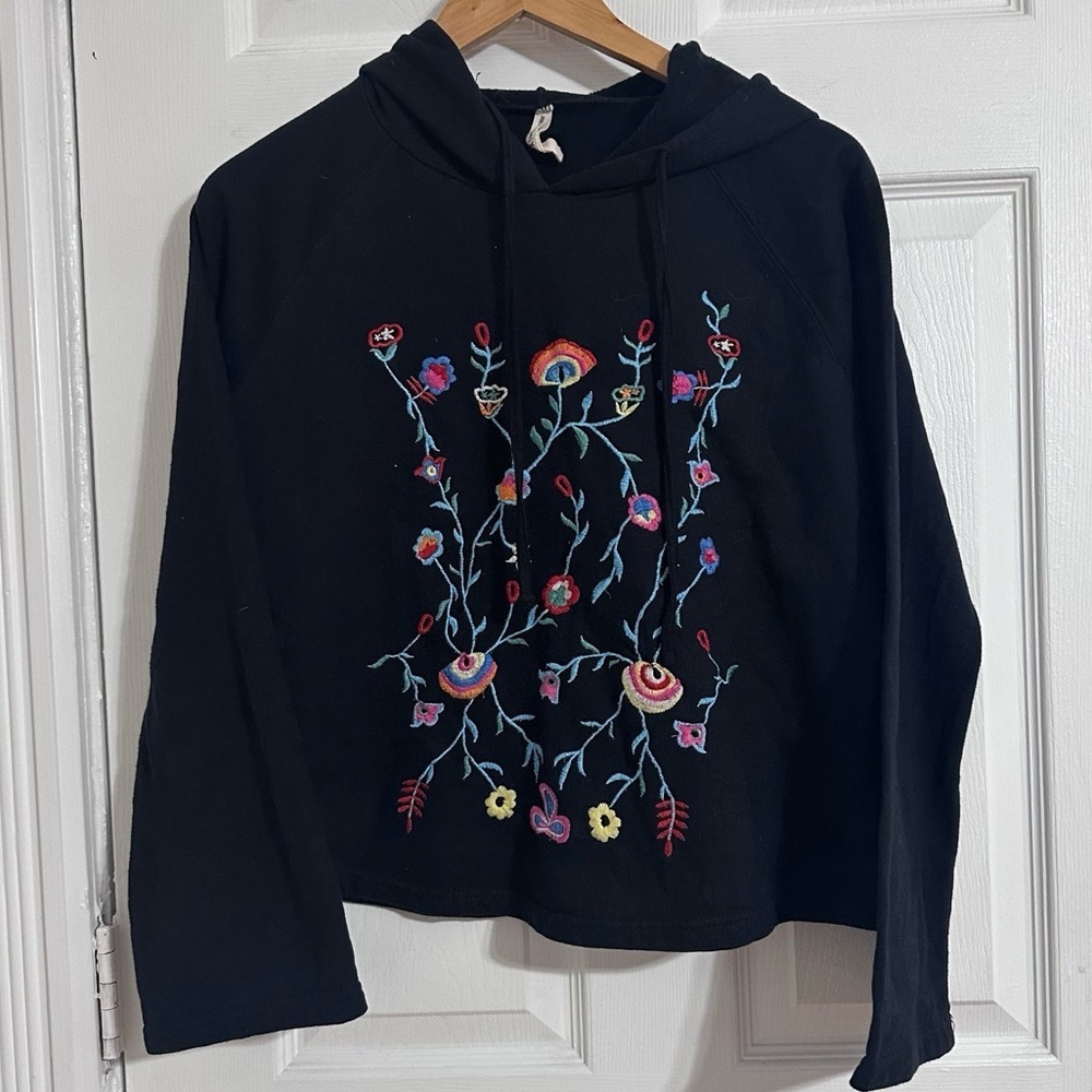 Index Embroidered Floral Hoodie Black Pullover Boho Sweatshirt Women M